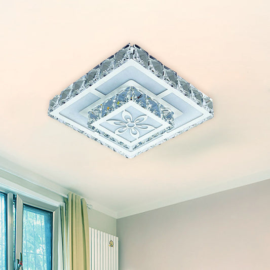 Faceted Crystal White Flush Mount Lamp 2-Layered Square LED Simple Close to Ceiling Light with Flower Pattern in Warm/White Light White Clearhalo 'Ceiling Lights' 'Close To Ceiling Lights' 'Close to ceiling' 'Flush mount' Lighting' 800980