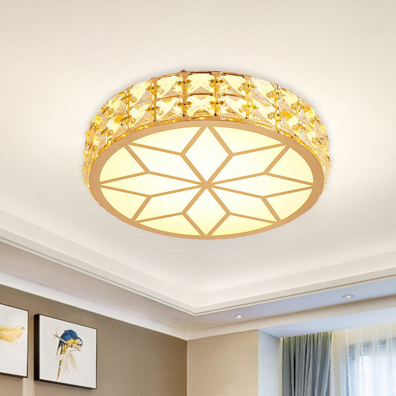 Drum/Flower Corridor Flushmount Light Contemporary Faceted Crystal LED White/Gold Ceiling Mounted Fixture Gold Clearhalo 'Ceiling Lights' 'Close To Ceiling Lights' 'Close to ceiling' 'Flush mount' Lighting' 801017