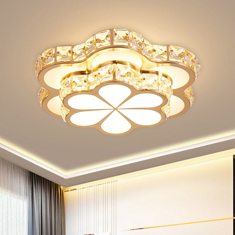 Drum/Flower Corridor Flushmount Light Contemporary Faceted Crystal LED White/Gold Ceiling Mounted Fixture White Clearhalo 'Ceiling Lights' 'Close To Ceiling Lights' 'Close to ceiling' 'Flush mount' Lighting' 801021