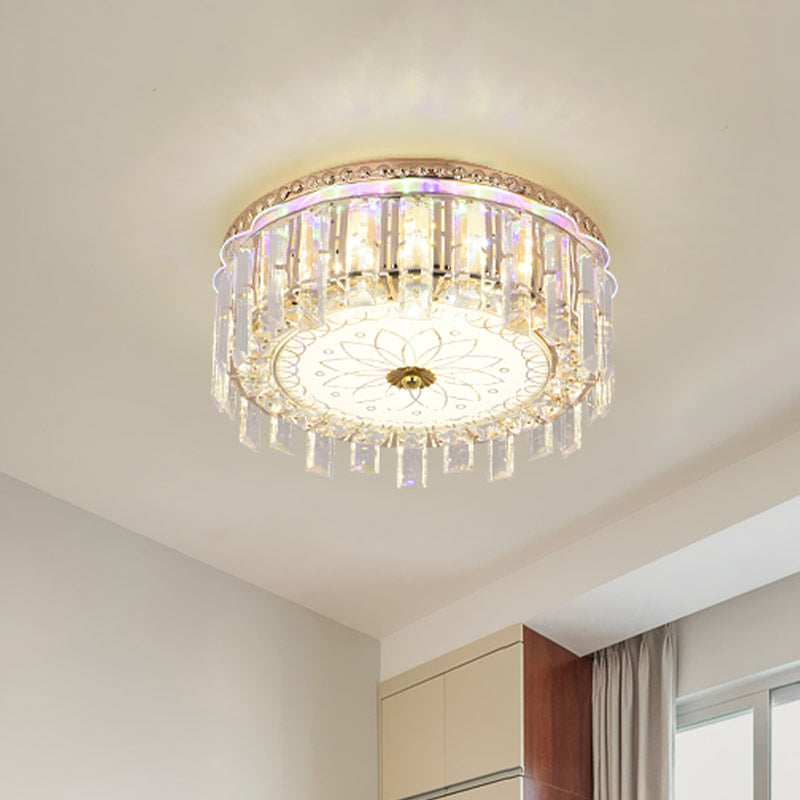 12"/19.5" W LED Crystal Block Ceiling Flush Mount Modernist Gold Drum Shade Flush Light Fixture with Petal Pattern Clearhalo 'Ceiling Lights' 'Close To Ceiling Lights' 'Close to ceiling' 'Flush mount' Lighting' 801047