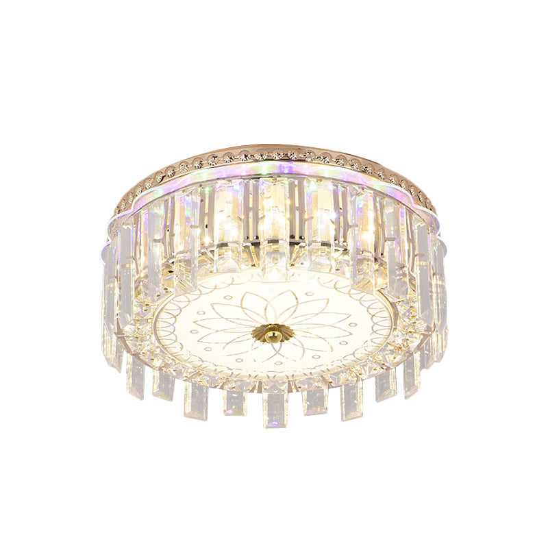 12"/19.5" W LED Crystal Block Ceiling Flush Mount Modernist Gold Drum Shade Flush Light Fixture with Petal Pattern Clearhalo 'Ceiling Lights' 'Close To Ceiling Lights' 'Close to ceiling' 'Flush mount' Lighting' 801048