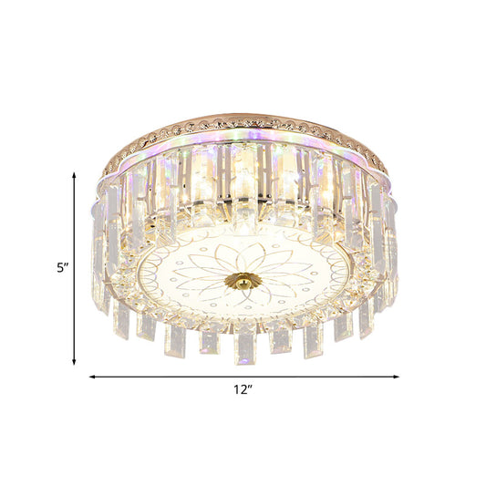 12"/19.5" W LED Crystal Block Ceiling Flush Mount Modernist Gold Drum Shade Flush Light Fixture with Petal Pattern Clearhalo 'Ceiling Lights' 'Close To Ceiling Lights' 'Close to ceiling' 'Flush mount' Lighting' 801049