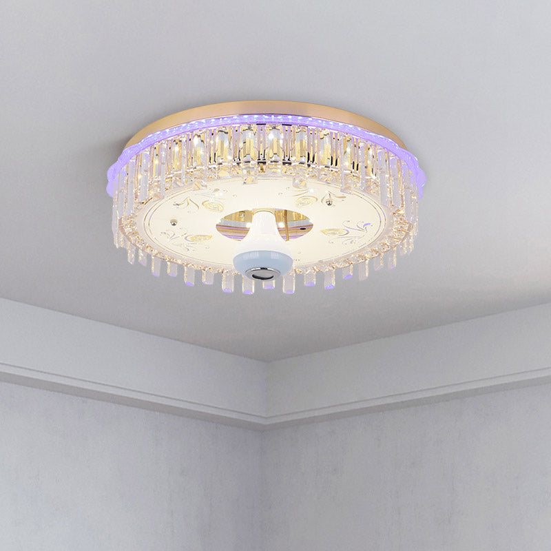 12"/19.5" W LED Crystal Block Ceiling Flush Mount Modernist Gold Drum Shade Flush Light Fixture with Petal Pattern Clearhalo 'Ceiling Lights' 'Close To Ceiling Lights' 'Close to ceiling' 'Flush mount' Lighting' 801051