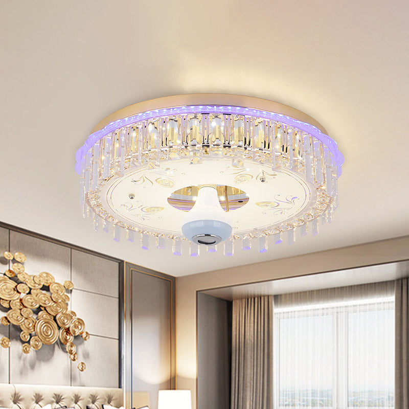 12"/19.5" W LED Crystal Block Ceiling Flush Mount Modernist Gold Drum Shade Flush Light Fixture with Petal Pattern Clearhalo 'Ceiling Lights' 'Close To Ceiling Lights' 'Close to ceiling' 'Flush mount' Lighting' 801052