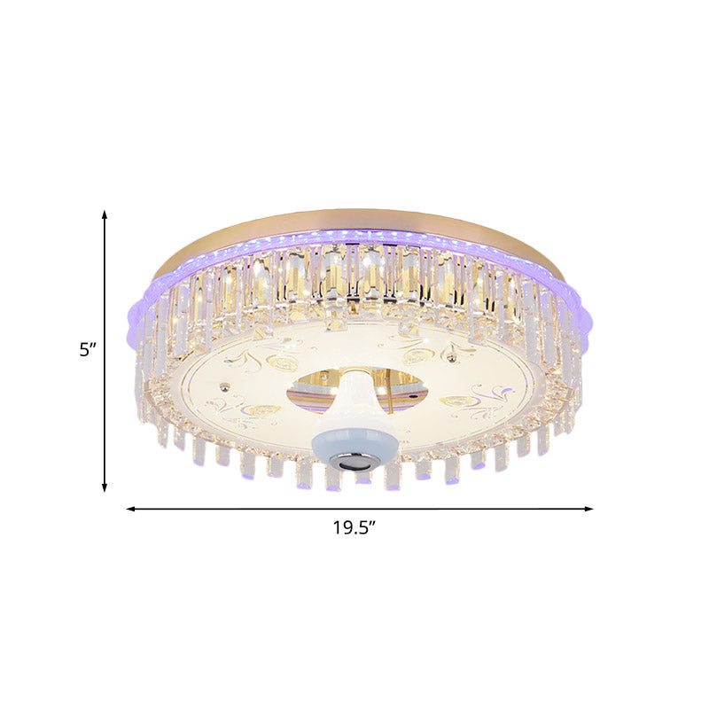 12"/19.5" W LED Crystal Block Ceiling Flush Mount Modernist Gold Drum Shade Flush Light Fixture with Petal Pattern Clearhalo 'Ceiling Lights' 'Close To Ceiling Lights' 'Close to ceiling' 'Flush mount' Lighting' 801054