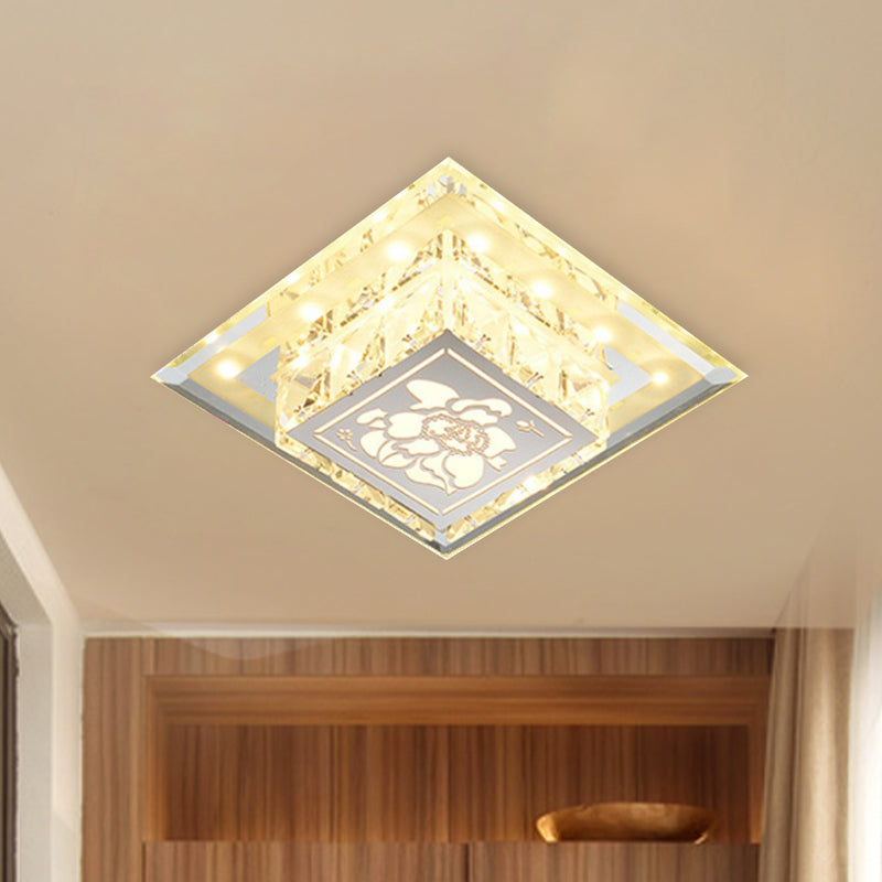 Modern Square Flush Light Fixture LED Faceted Crystal Ceiling Lamp in Chrome with Flower Pattern Chrome Clearhalo 'Ceiling Lights' 'Close To Ceiling Lights' 'Close to ceiling' 'Flush mount' Lighting' 801107