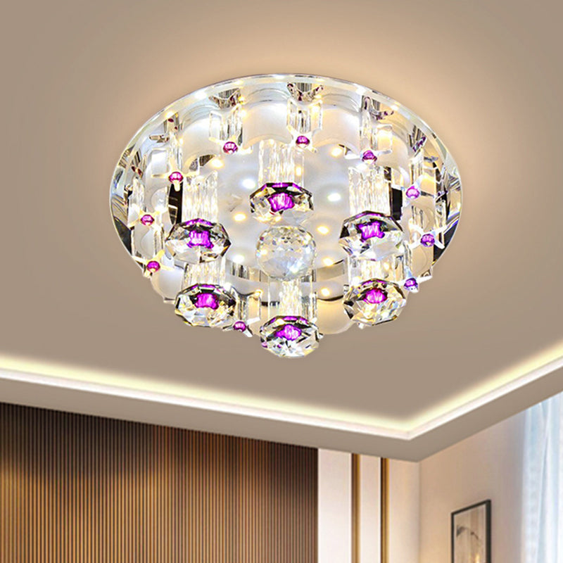 LED Tubular Flushmount Light Modernist Pink Finish Clear Crystal Ceiling Lighting with Round Shade in Warm/White Light Pink Clearhalo 'Ceiling Lights' 'Close To Ceiling Lights' 'Close to ceiling' 'Flush mount' Lighting' 801115