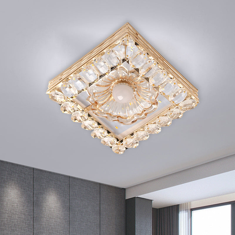 Minimal Round/Square Ceiling Lamp LED Faceted Crystal Flush Mount Fixture in Gold with Flower Shade Gold Square Plate Clearhalo 'Ceiling Lights' 'Close To Ceiling Lights' 'Close to ceiling' 'Flush mount' Lighting' 801135