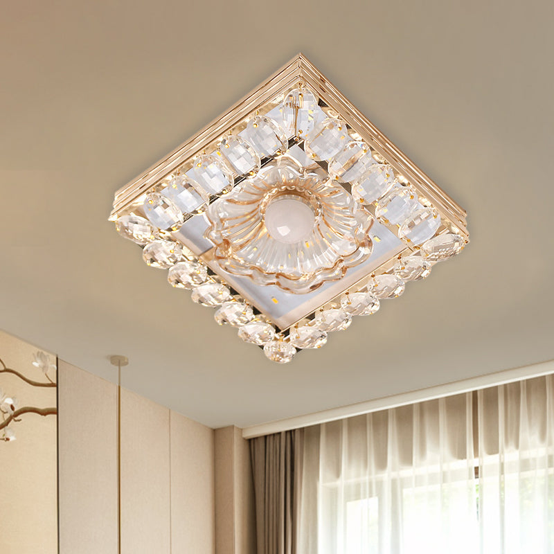 Minimal Round/Square Ceiling Lamp LED Faceted Crystal Flush Mount Fixture in Gold with Flower Shade Clearhalo 'Ceiling Lights' 'Close To Ceiling Lights' 'Close to ceiling' 'Flush mount' Lighting' 801137