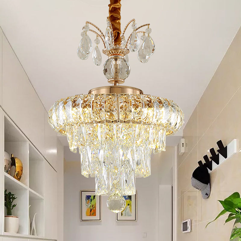 LED Pendant Chandelier Simple Dining Room Hanging Ceiling Light with Tiered Conical Clear Crystal Shade, 12"/18" W Clear 12" Clearhalo 'Ceiling Lights' 'Chandeliers' 'Clear' 'Industrial' 'Modern Chandeliers' 'Modern' 'Tiffany' 'Traditional Chandeliers' Lighting' 801160