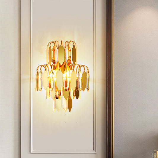 Crystal Block Tiered Wall Lighting Fixture Classic 2-Light Living Room Wall Light Sconce in Gold Clearhalo 'Wall Lamps & Sconces' 'Wall Lights' Lighting' 801892