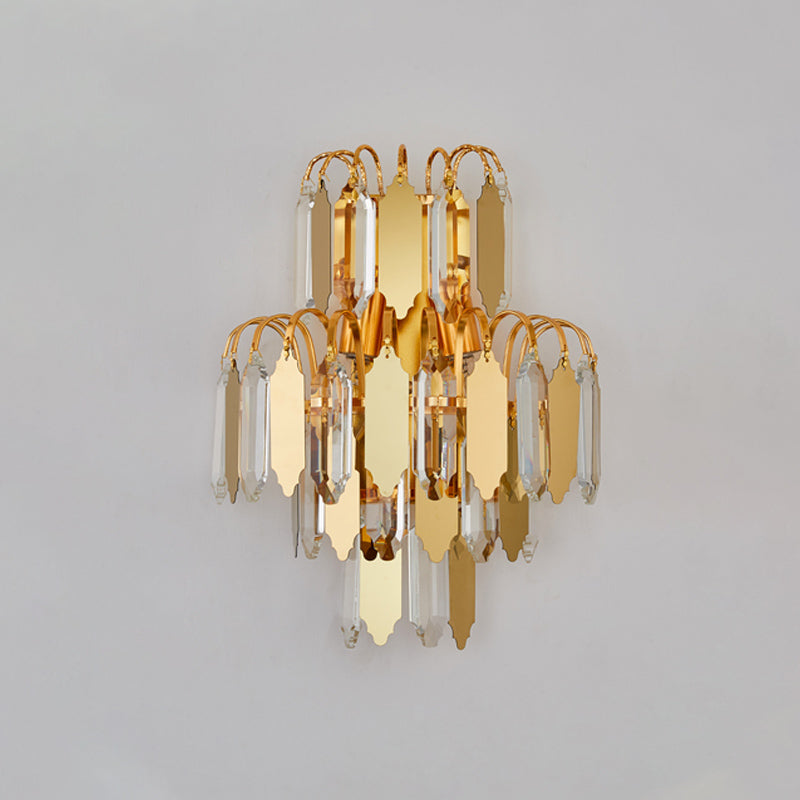 Crystal Block Tiered Wall Lighting Fixture Classic 2-Light Living Room Wall Light Sconce in Gold Clearhalo 'Wall Lamps & Sconces' 'Wall Lights' Lighting' 801893