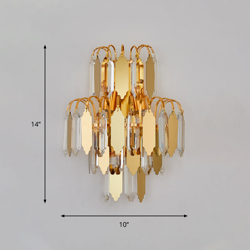 Crystal Block Tiered Wall Lighting Fixture Classic 2-Light Living Room Wall Light Sconce in Gold Clearhalo 'Wall Lamps & Sconces' 'Wall Lights' Lighting' 801894