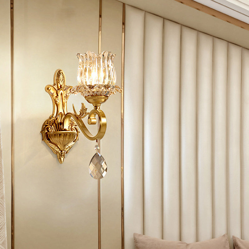 1 Light Flower Wall Lighting Ideas Traditional Gold Finish Crystal Wall Light Sconce with Curved Arm Gold Clearhalo 'Wall Lamps & Sconces' 'Wall Lights' Lighting' 801895