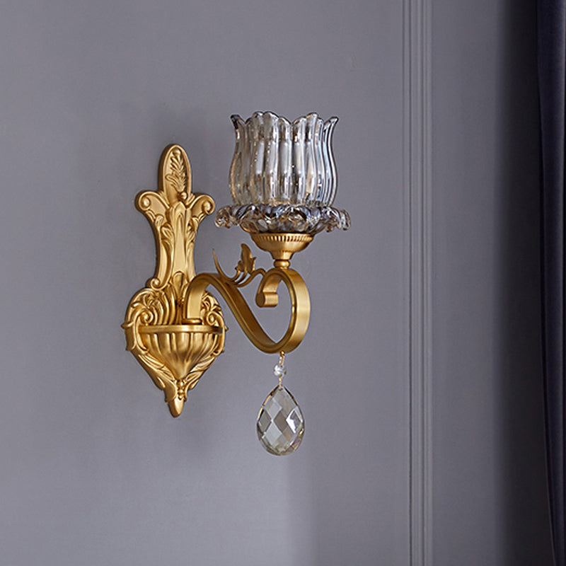 1 Light Flower Wall Lighting Ideas Traditional Gold Finish Crystal Wall Light Sconce with Curved Arm Clearhalo 'Wall Lamps & Sconces' 'Wall Lights' Lighting' 801896