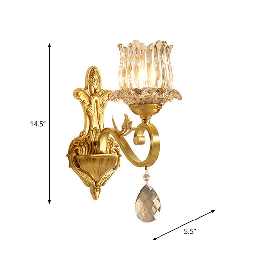 1 Light Flower Wall Lighting Ideas Traditional Gold Finish Crystal Wall Light Sconce with Curved Arm Clearhalo 'Wall Lamps & Sconces' 'Wall Lights' Lighting' 801898