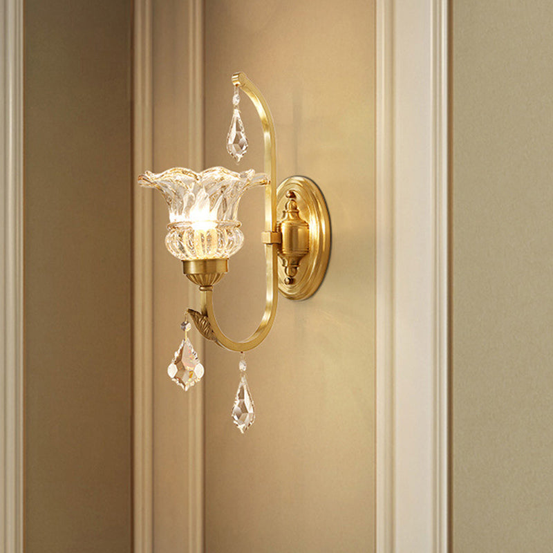 Flared Crystal Wall Mount Light Fixture Classic 1 Head Dining Room Sconce Lamp in Gold with Twisted Arm Gold Clearhalo 'Wall Lamps & Sconces' 'Wall Lights' Lighting' 801899