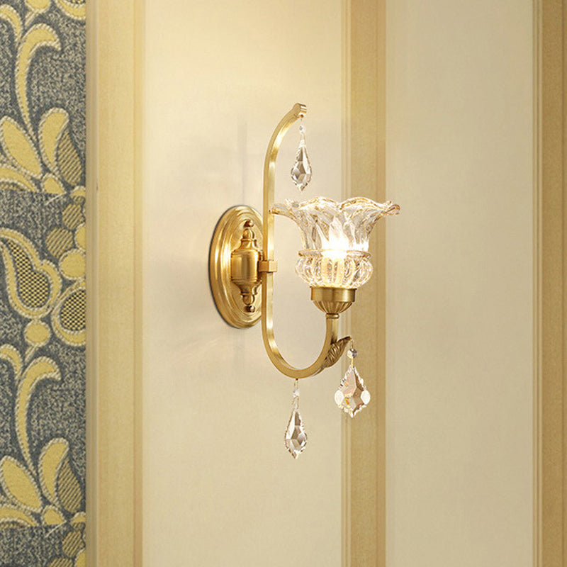 Flared Crystal Wall Mount Light Fixture Classic 1 Head Dining Room Sconce Lamp in Gold with Twisted Arm Clearhalo 'Wall Lamps & Sconces' 'Wall Lights' Lighting' 801900