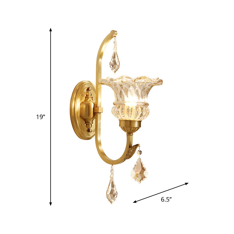 Flared Crystal Wall Mount Light Fixture Classic 1 Head Dining Room Sconce Lamp in Gold with Twisted Arm Clearhalo 'Wall Lamps & Sconces' 'Wall Lights' Lighting' 801902