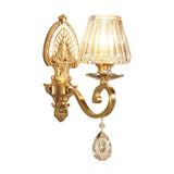 1-Bulb Wall Mount Lighting Country Style Cone Faceted Crystal Wall Light Fixture in Gold with Swirl Arm Clearhalo 'Wall Lamps & Sconces' 'Wall Lights' Lighting' 801905