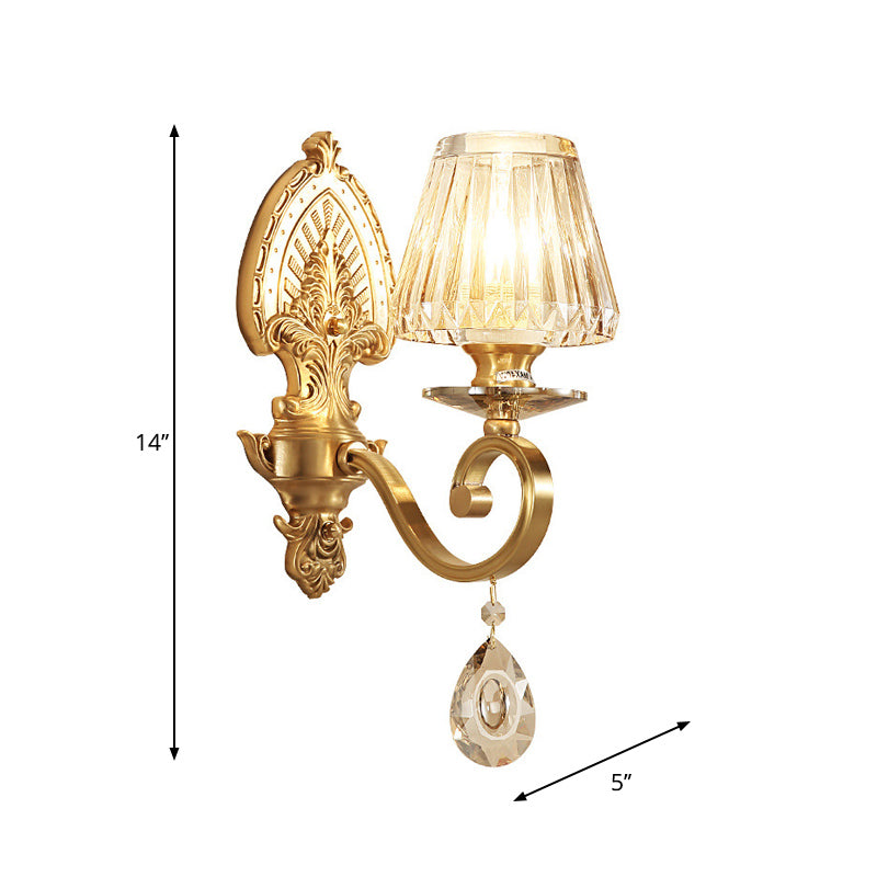 1-Bulb Wall Mount Lighting Country Style Cone Faceted Crystal Wall Light Fixture in Gold with Swirl Arm Clearhalo 'Wall Lamps & Sconces' 'Wall Lights' Lighting' 801906