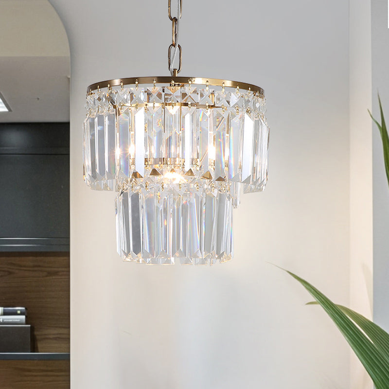 2-Layered Round Dining Room Pendant Light Countryside Crystal Block 1 Head Gold Finish Ceiling Hang Fixture Gold Clearhalo 'Ceiling Lights' 'Modern Pendants' 'Modern' 'Pendant Lights' 'Pendants' Lighting' 801911