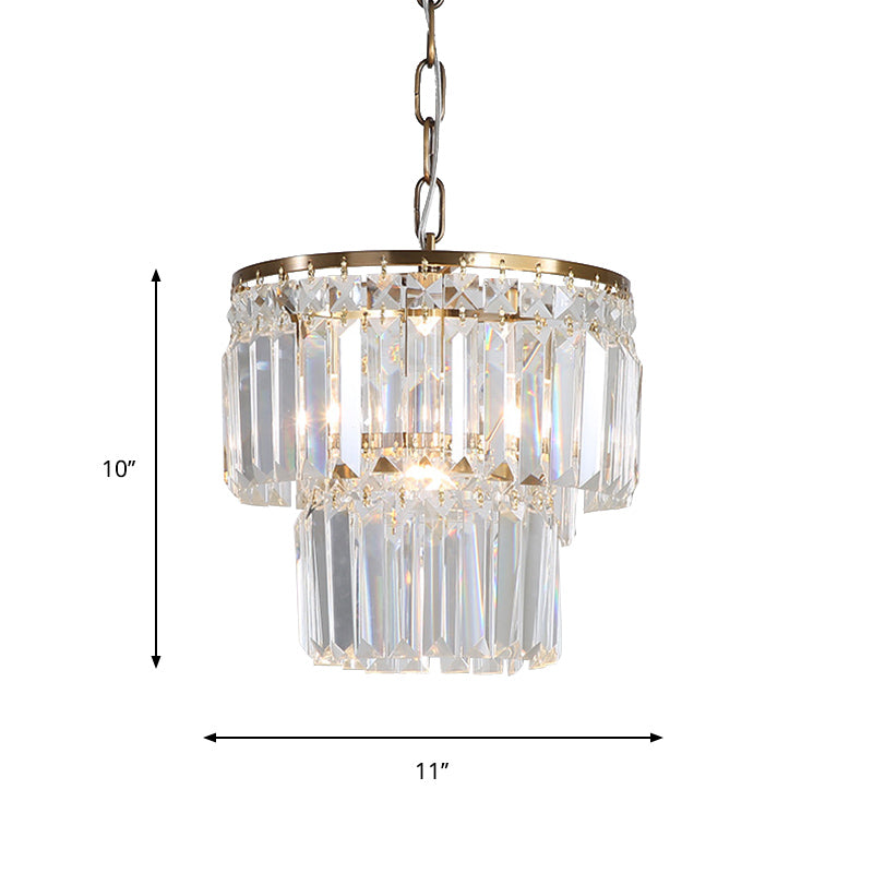 2-Layered Round Dining Room Pendant Light Countryside Crystal Block 1 Head Gold Finish Ceiling Hang Fixture Clearhalo 'Ceiling Lights' 'Modern Pendants' 'Modern' 'Pendant Lights' 'Pendants' Lighting' 801914