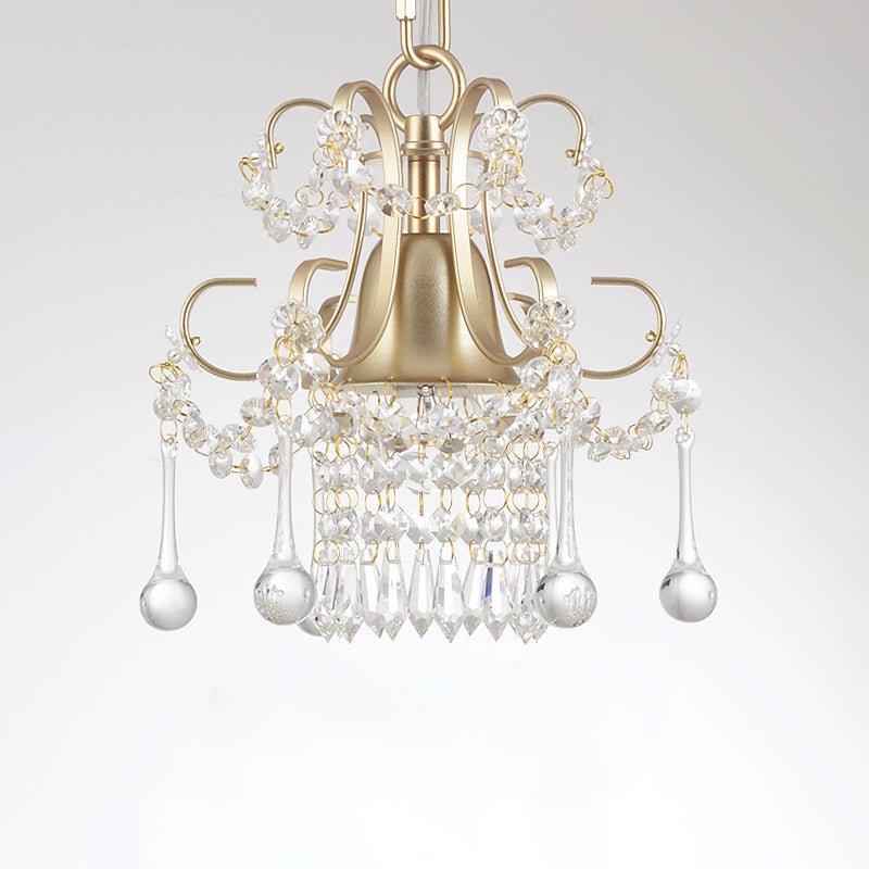 Gold 1 Bulb Pendant Lamp Classic Style Metal Scroll Frame Hanging Ceiling Light with Crystal Droplet Clearhalo 'Ceiling Lights' 'Pendant Lights' 'Pendants' Lighting' 801921