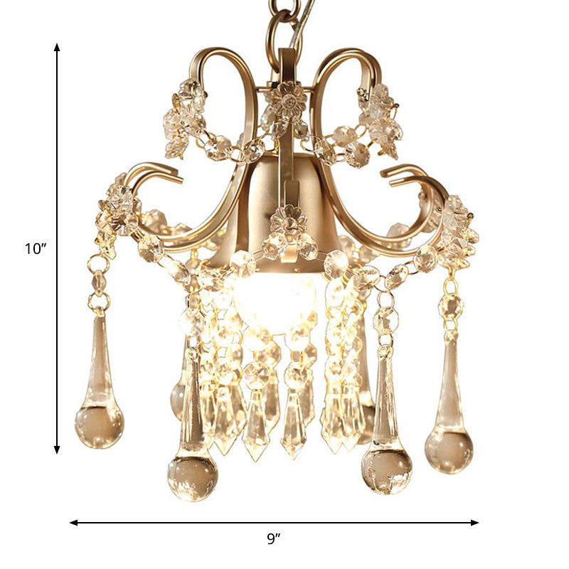 Gold 1 Bulb Pendant Lamp Classic Style Metal Scroll Frame Hanging Ceiling Light with Crystal Droplet Clearhalo 'Ceiling Lights' 'Pendant Lights' 'Pendants' Lighting' 801922