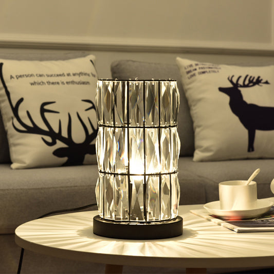 Black Cylinder Night Lamp Contemporary Clear Crystal 1 Light Living Room Nightstand Light Black Clearhalo 'Lamps' 'Table Lamps' Lighting' 801956