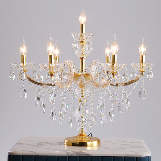 7 Bulbs Crystal Strand Night Table Lamp Traditional Gold Candelabra Bedroom Nightstand Light Gold Clearhalo 'Lamps' 'Table Lamps' Lighting' 801964
