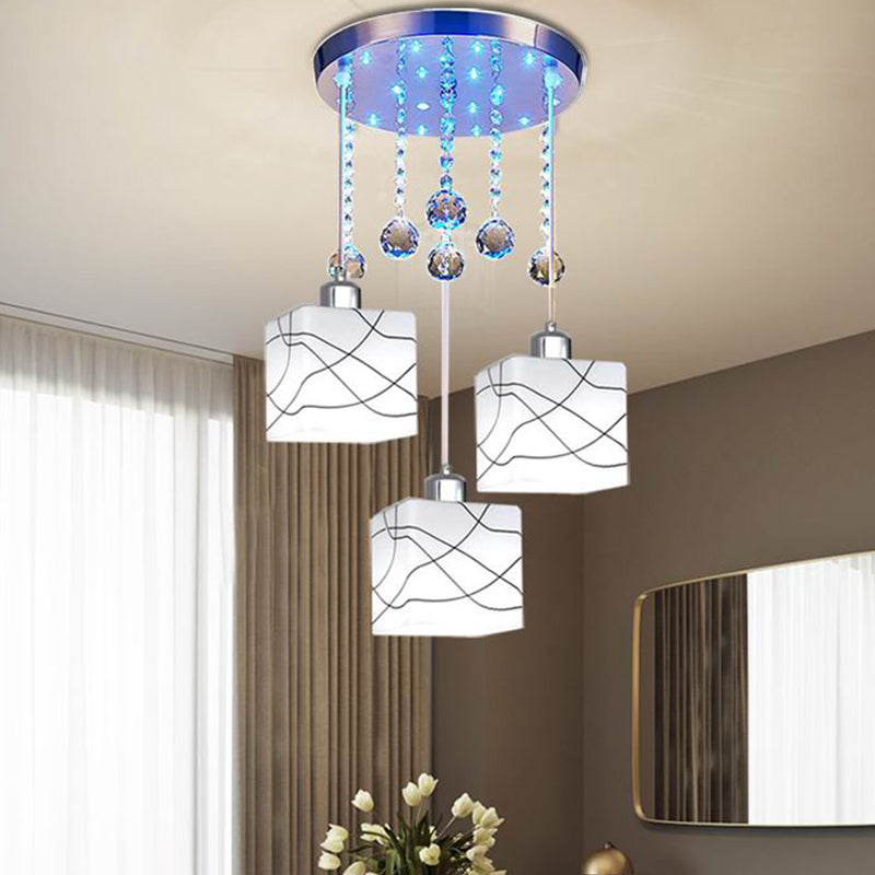 White 3 Lights Multi Light Pendant Minimal Crystal Orb Square Hanging Lamp Kit with Round Canopy White Clearhalo 'Ceiling Lights' 'Modern Pendants' 'Modern' 'Pendant Lights' 'Pendants' Lighting' 801989