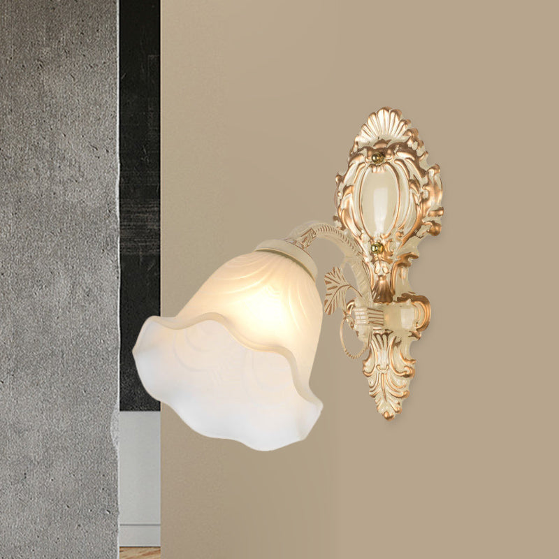 Floral Frosted Glass Wall Sconce Vintage 1 Bulb Bedroom Wall Mounted Light Fixture in Beige Beige Clearhalo 'Wall Lamps & Sconces' 'Wall Lights' Lighting' 802150