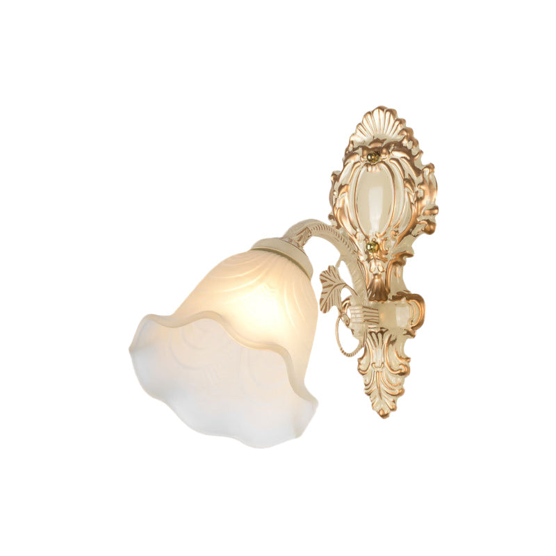 Floral Frosted Glass Wall Sconce Vintage 1 Bulb Bedroom Wall Mounted Light Fixture in Beige Clearhalo 'Wall Lamps & Sconces' 'Wall Lights' Lighting' 802152