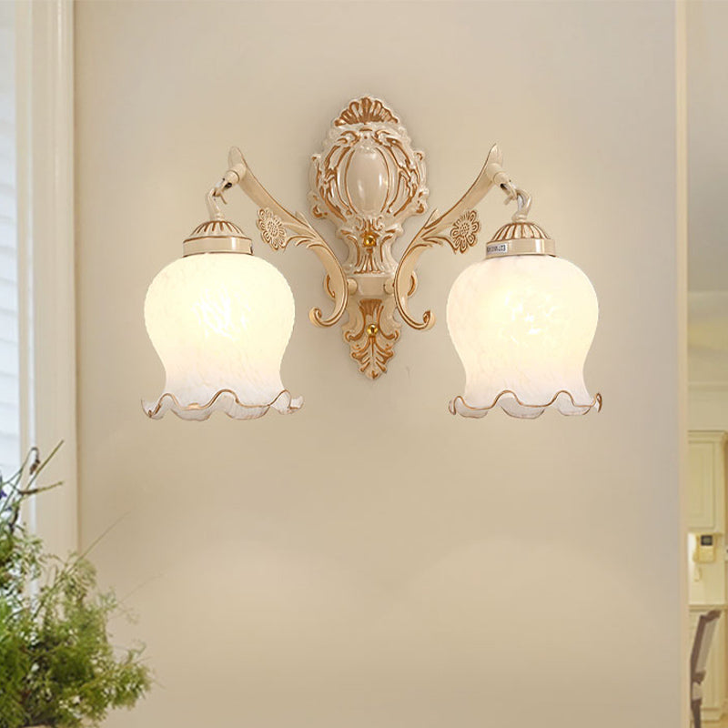 1/2-Bulb Flower Wall Light Fixture Traditional White Glass Wall Sconce Lighting for Living Room Clearhalo 'Wall Lamps & Sconces' 'Wall Lights' Lighting' 802160