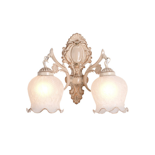 1/2-Bulb Flower Wall Light Fixture Traditional White Glass Wall Sconce Lighting for Living Room Clearhalo 'Wall Lamps & Sconces' 'Wall Lights' Lighting' 802161