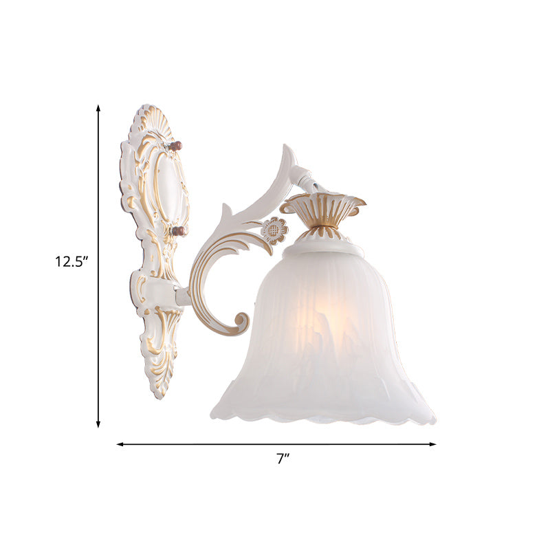 Traditional Bell Sconce Light 1/2-Bulb White Glass Wall Lighting Fixture with Carved Arm for Bedroom Clearhalo 'Wall Lamps & Sconces' 'Wall Lights' Lighting' 802166