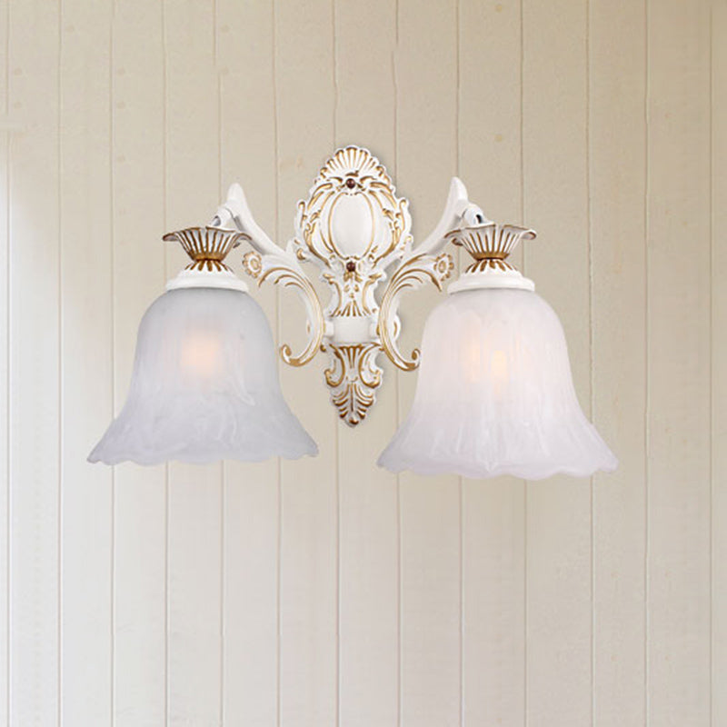 Traditional Bell Sconce Light 1/2-Bulb White Glass Wall Lighting Fixture with Carved Arm for Bedroom 2.0 White Clearhalo 'Wall Lamps & Sconces' 'Wall Lights' Lighting' 802167