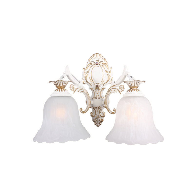 Traditional Bell Sconce Light 1/2-Bulb White Glass Wall Lighting Fixture with Carved Arm for Bedroom Clearhalo 'Wall Lamps & Sconces' 'Wall Lights' Lighting' 802169