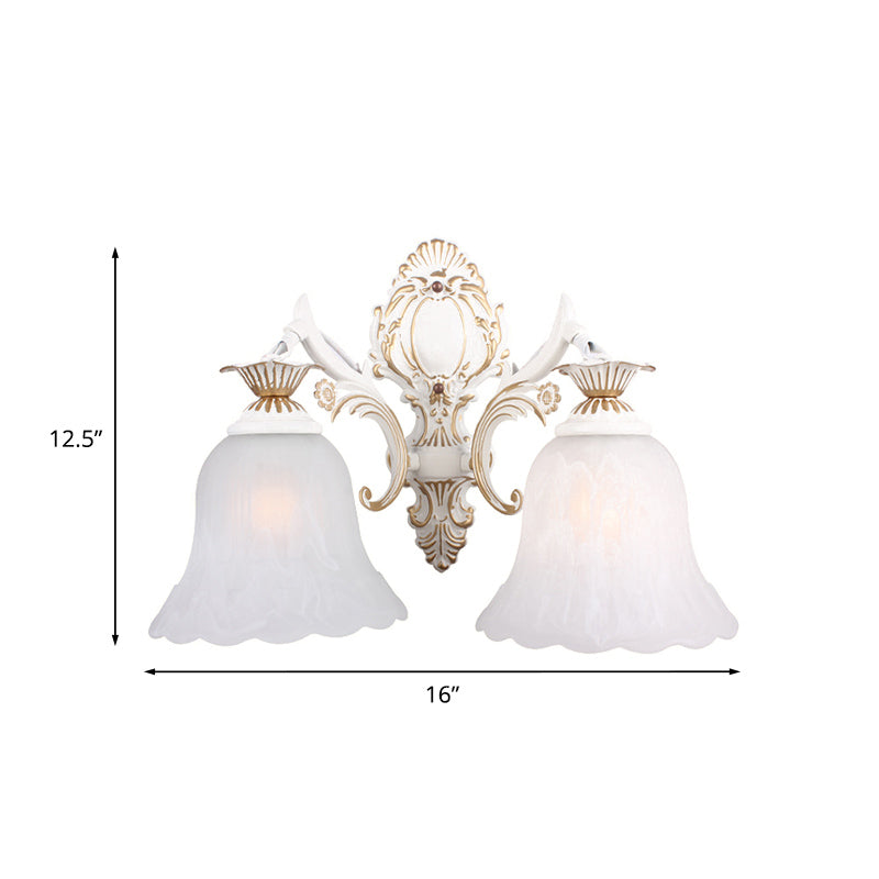 Traditional Bell Sconce Light 1/2-Bulb White Glass Wall Lighting Fixture with Carved Arm for Bedroom Clearhalo 'Wall Lamps & Sconces' 'Wall Lights' Lighting' 802171