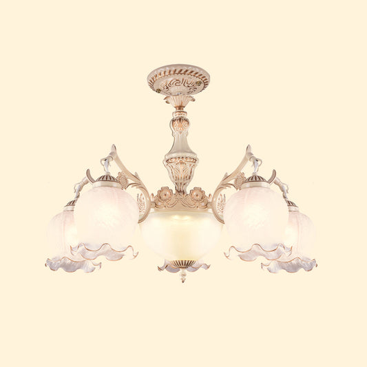 White Glass Floral Ceiling Light Rustic 7/9/11 Heads Living Room Semi Flush Mount Lighting Clearhalo 'Ceiling Lights' 'Close To Ceiling Lights' 'Close to ceiling' 'Glass shade' 'Glass' 'Semi-flushmount' Lighting' 802184