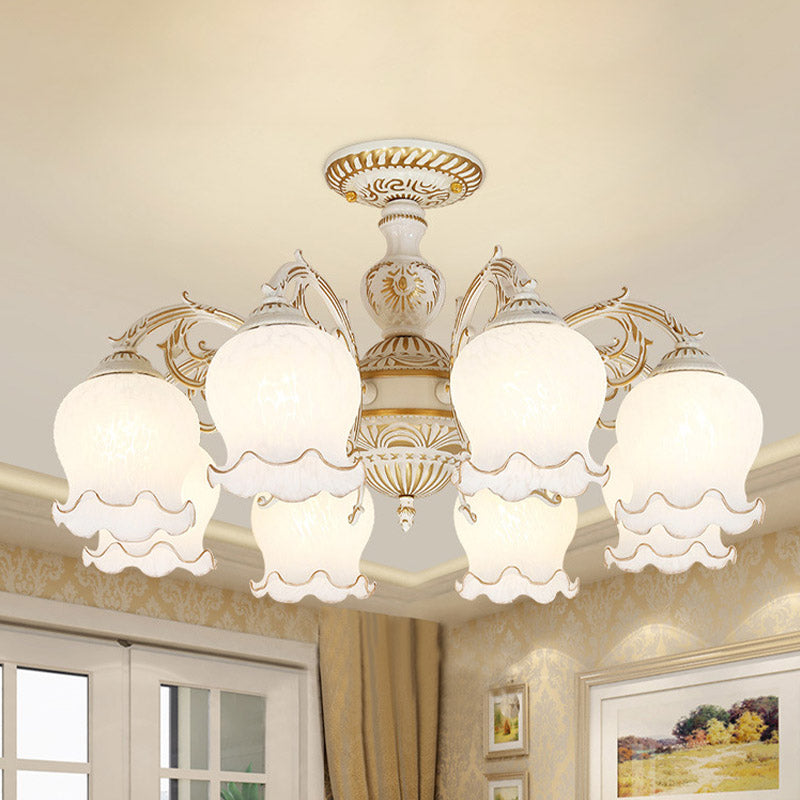 Flower Living Room Semi Flush Rustic White Glass 3/5/6 Bulbs Beige Flush Mount Light Fixture 8 White Clearhalo 'Ceiling Lights' 'Close To Ceiling Lights' 'Close to ceiling' 'Glass shade' 'Glass' 'Pendant Lights' 'Semi-flushmount' Lighting' 802186