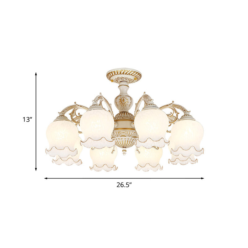 Flower Living Room Semi Flush Rustic White Glass 3/5/6 Bulbs Beige Flush Mount Light Fixture Clearhalo 'Ceiling Lights' 'Close To Ceiling Lights' 'Close to ceiling' 'Glass shade' 'Glass' 'Pendant Lights' 'Semi-flushmount' Lighting' 802189