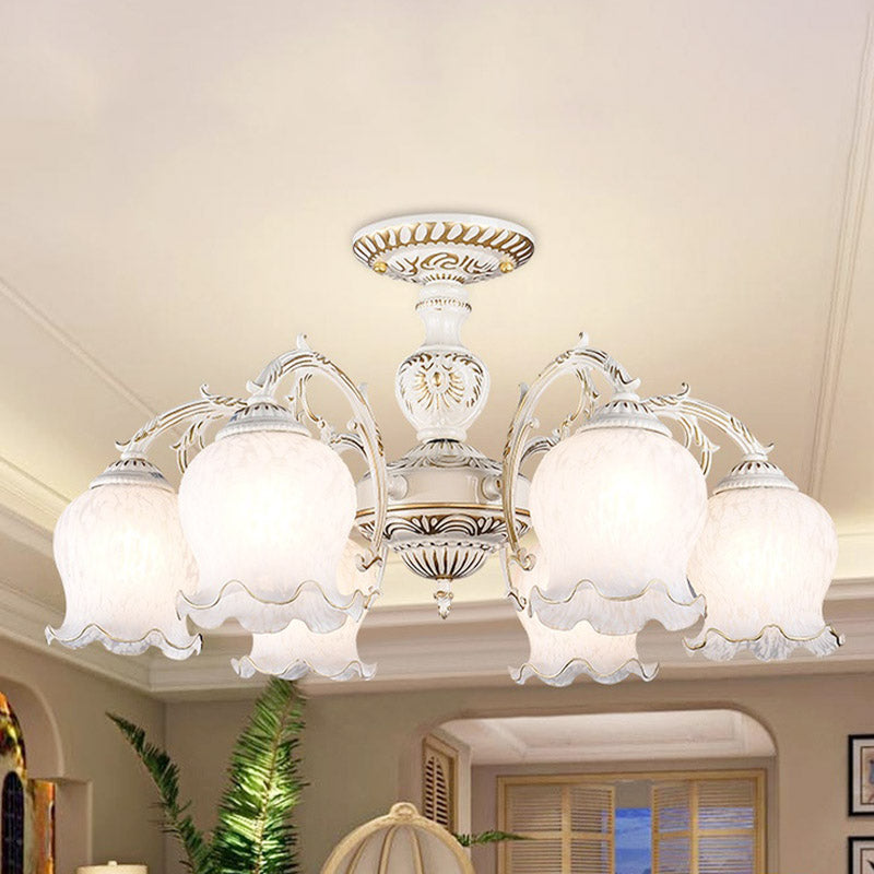 Flower Living Room Semi Flush Rustic White Glass 3/5/6 Bulbs Beige Flush Mount Light Fixture 6 White Clearhalo 'Ceiling Lights' 'Close To Ceiling Lights' 'Close to ceiling' 'Glass shade' 'Glass' 'Pendant Lights' 'Semi-flushmount' Lighting' 802190