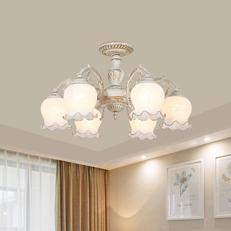 Flower Living Room Semi Flush Rustic White Glass 3/5/6 Bulbs Beige Flush Mount Light Fixture Clearhalo 'Ceiling Lights' 'Close To Ceiling Lights' 'Close to ceiling' 'Glass shade' 'Glass' 'Pendant Lights' 'Semi-flushmount' Lighting' 802191