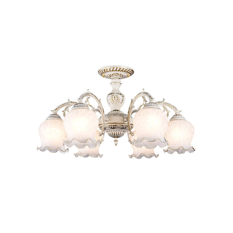 Flower Living Room Semi Flush Rustic White Glass 3/5/6 Bulbs Beige Flush Mount Light Fixture Clearhalo 'Ceiling Lights' 'Close To Ceiling Lights' 'Close to ceiling' 'Glass shade' 'Glass' 'Pendant Lights' 'Semi-flushmount' Lighting' 802192