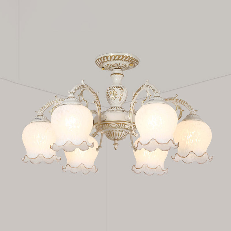 Flower Living Room Semi Flush Rustic White Glass 3/5/6 Bulbs Beige Flush Mount Light Fixture Clearhalo 'Ceiling Lights' 'Close To Ceiling Lights' 'Close to ceiling' 'Glass shade' 'Glass' 'Pendant Lights' 'Semi-flushmount' Lighting' 802193