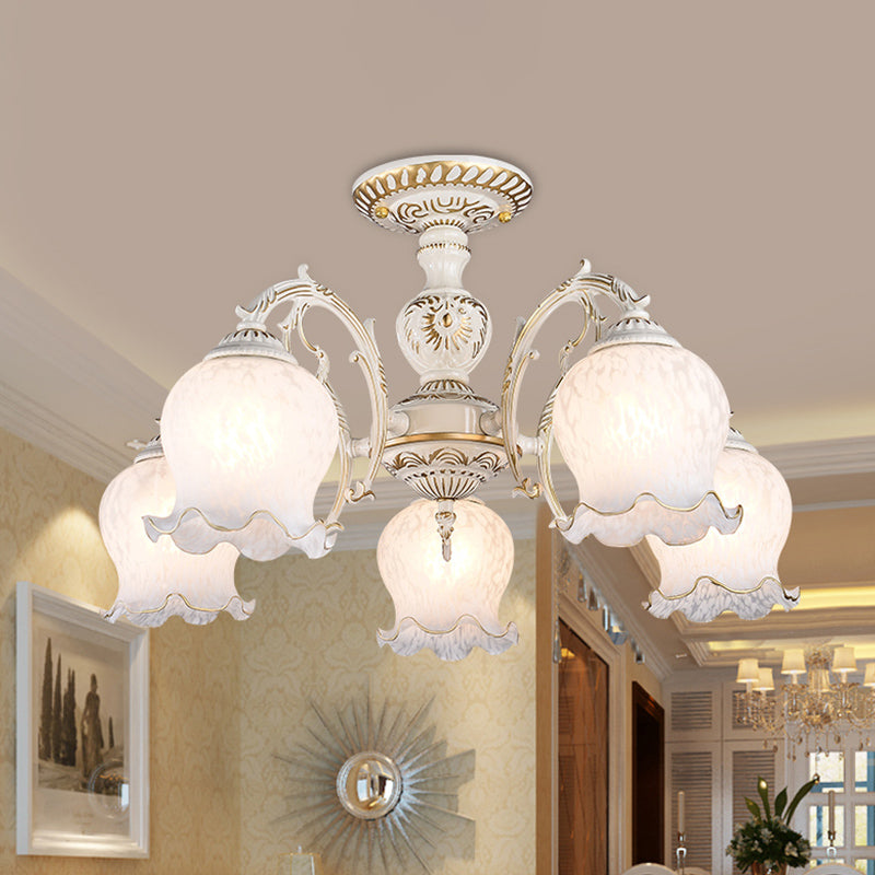 Flower Living Room Semi Flush Rustic White Glass 3/5/6 Bulbs Beige Flush Mount Light Fixture 5 White Clearhalo 'Ceiling Lights' 'Close To Ceiling Lights' 'Close to ceiling' 'Glass shade' 'Glass' 'Pendant Lights' 'Semi-flushmount' Lighting' 802195