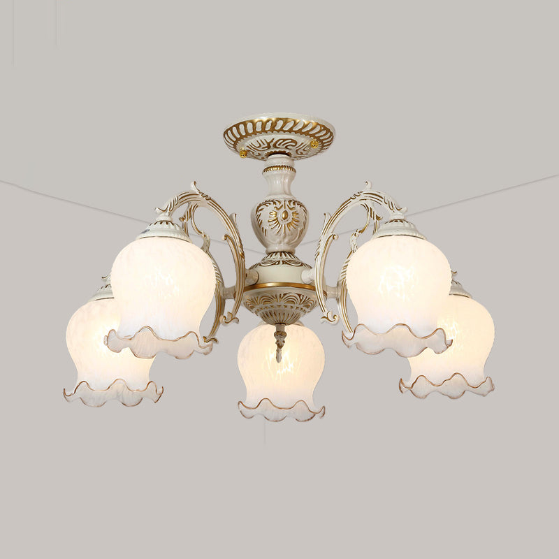 Flower Living Room Semi Flush Rustic White Glass 3/5/6 Bulbs Beige Flush Mount Light Fixture Clearhalo 'Ceiling Lights' 'Close To Ceiling Lights' 'Close to ceiling' 'Glass shade' 'Glass' 'Pendant Lights' 'Semi-flushmount' Lighting' 802198