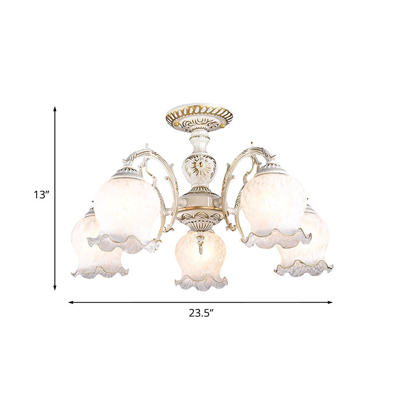 Flower Living Room Semi Flush Rustic White Glass 3/5/6 Bulbs Beige Flush Mount Light Fixture Clearhalo 'Ceiling Lights' 'Close To Ceiling Lights' 'Close to ceiling' 'Glass shade' 'Glass' 'Pendant Lights' 'Semi-flushmount' Lighting' 802199